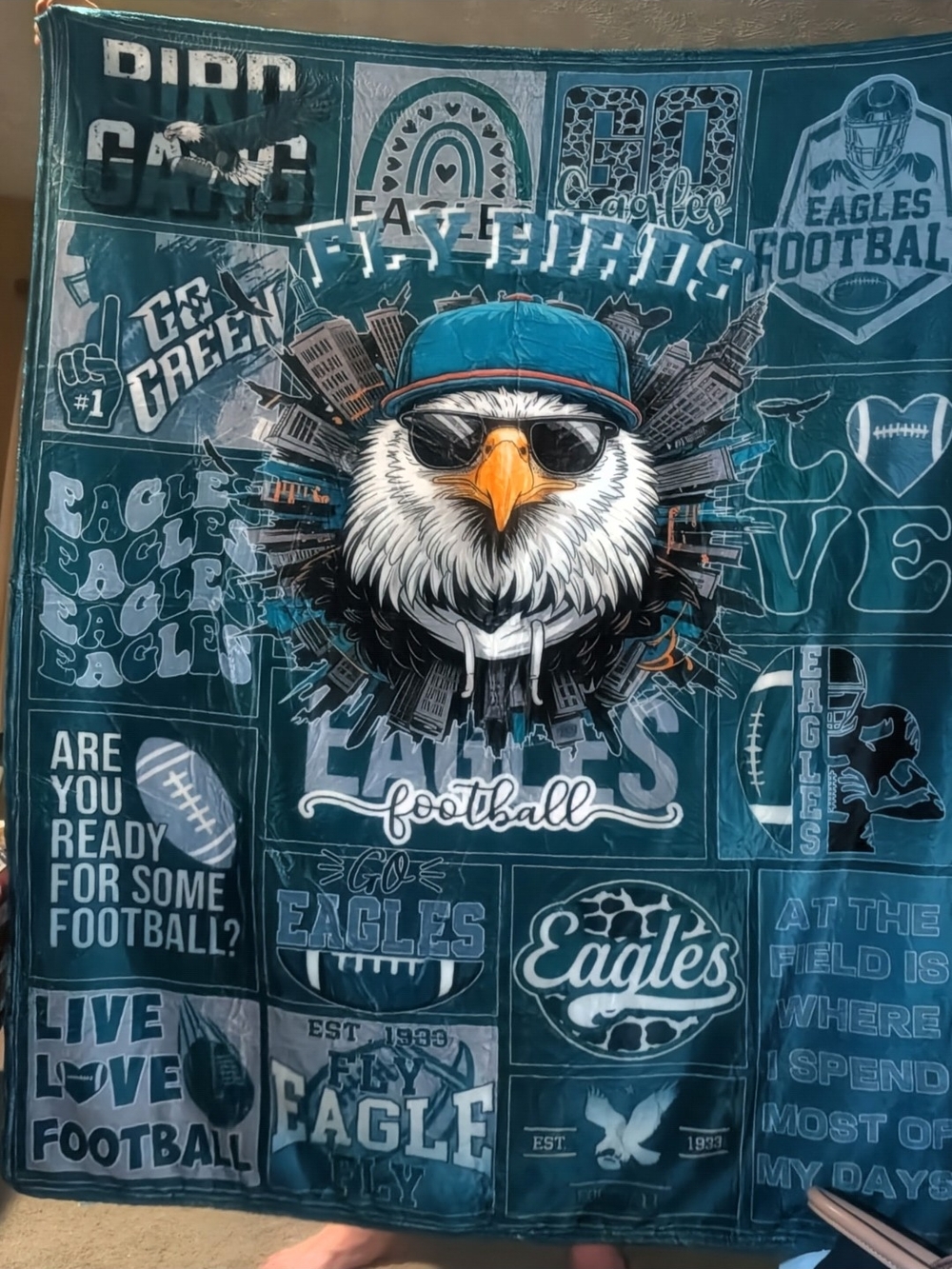 Teal Eagles Football Plush Throw Blanket